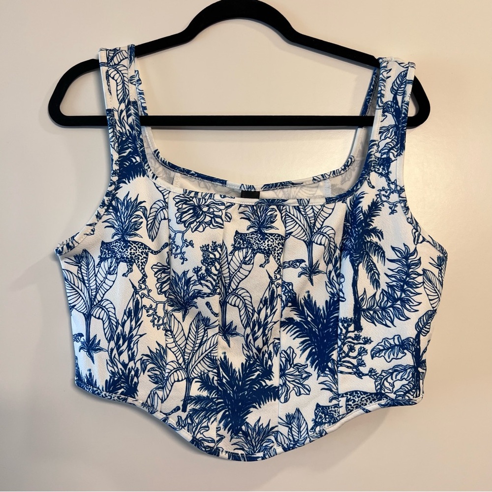 SHEIN Blue and White Botanical Print Crop Top